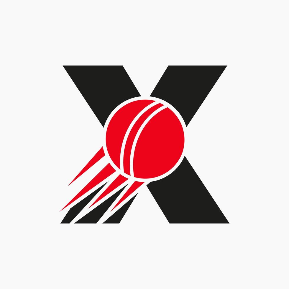 concepto de logotipo de letra x cricket con icono de bola de cricket en movimiento. plantilla de vector de símbolo de logotipo de deportes de cricket