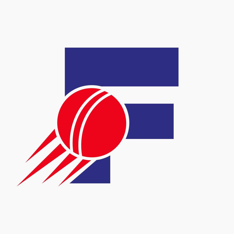 concepto de logotipo de cricket con letra f con icono de bola de cricket en movimiento. plantilla de vector de símbolo de logotipo de deportes de cricket