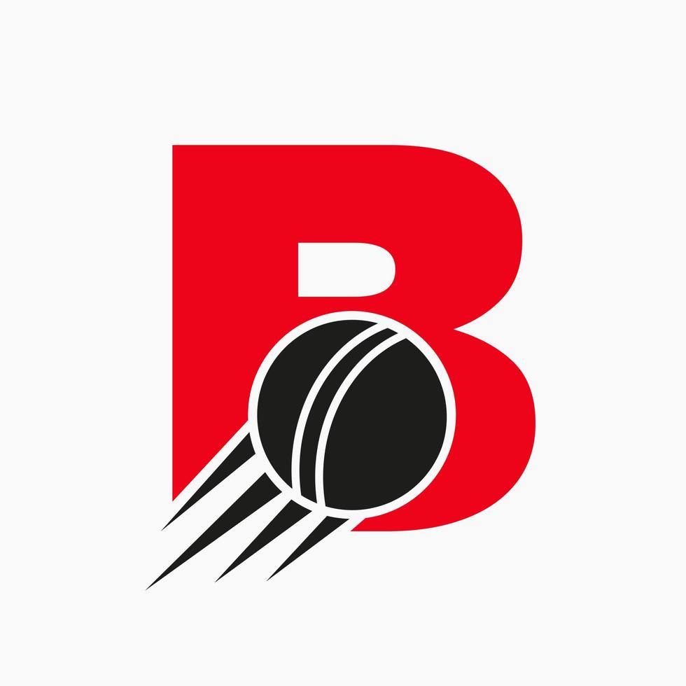 concepto de logotipo de cricket de letra b con icono de bola de cricket en movimiento. plantilla de vector de símbolo de logotipo de deportes de cricket
