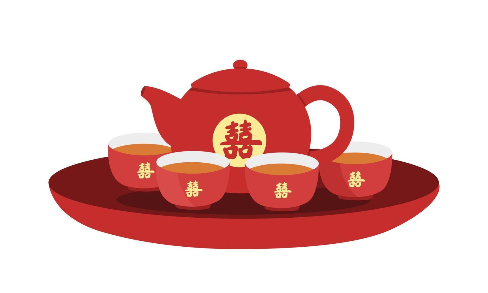 Vietnamese wedding tea set clipart. Wedding red teapot and cups flat vector illustration isolated on white. Vietnamese traditional wedding ceremony concept. Chinese text label means Double Happiness