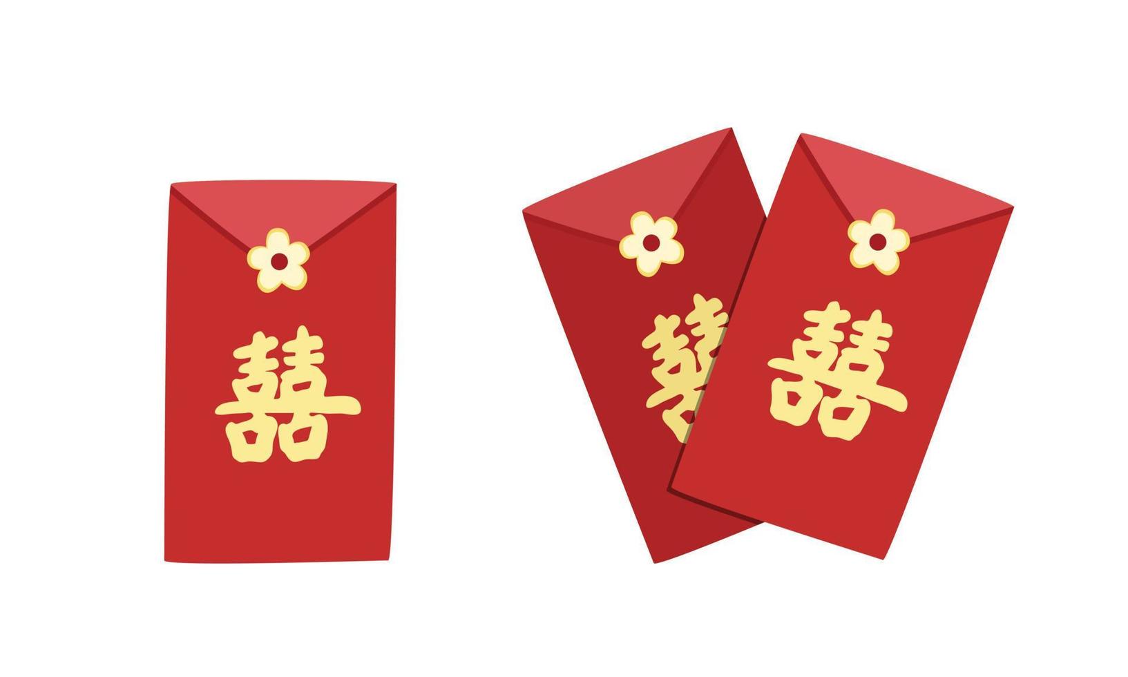 Clipart de sobre rojo de boda vietnamita. dinero de la suerte de la boda de vietnam en sobres rojos ilustración vectorial plana. concepto de ceremonia de boda tradicional vietnamita. texto chino doble felicidad vector