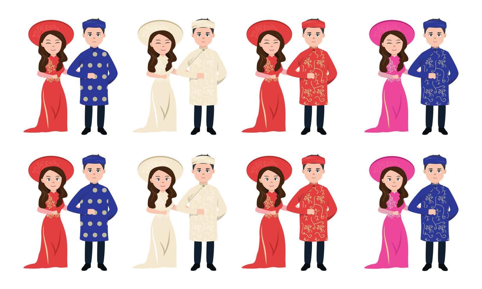 conjunto vectorial de parejas de bodas vietnamitas que usan imágenes prediseñadas de ropa tradicional. Ilustración de vector de novia y novio vietnamita. vestido de novia, ao dai. concepto de ceremonia de boda tradicional vietnamita