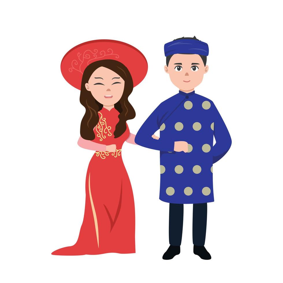 Vietnamese bride and groom clipart. Vietnamese wedding couple wearing traditional clothes flat vector illustration. Wedding dress, wedding gown, ao dai. Vietnamese traditional wedding ceremony concept