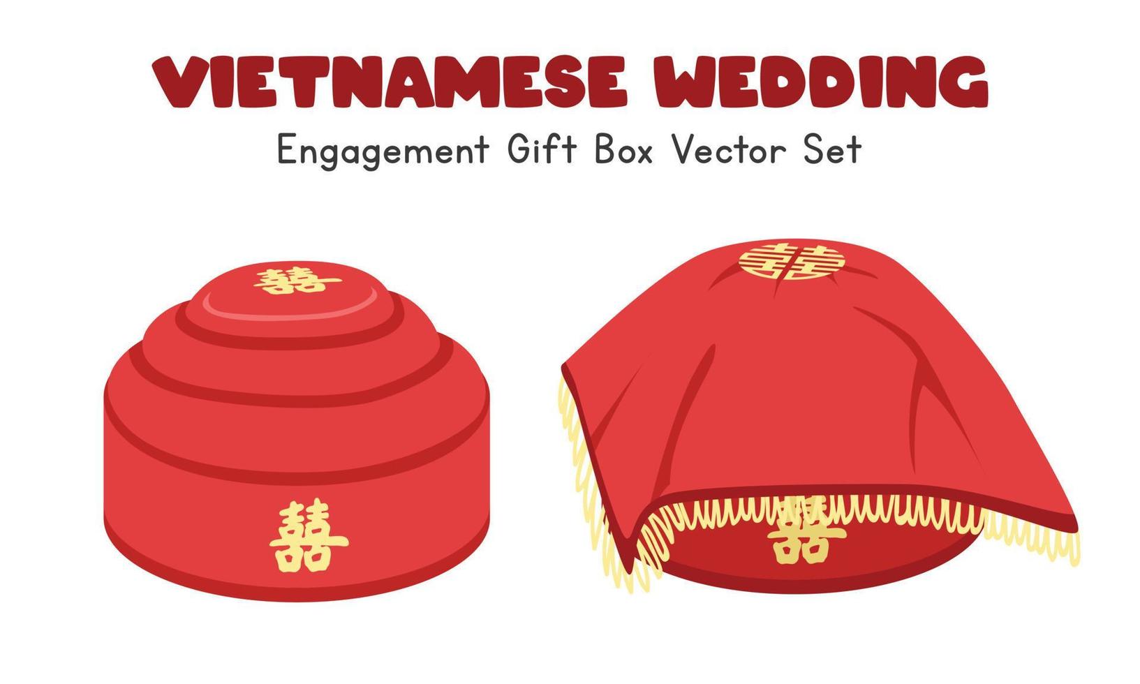 Vietnamese Mam Qua - engagement gift box clipart. Vietnam wedding gifts red cover tins flat vector illustration. Vietnamese traditional wedding ceremony concept. Chinese text means Double Happiness