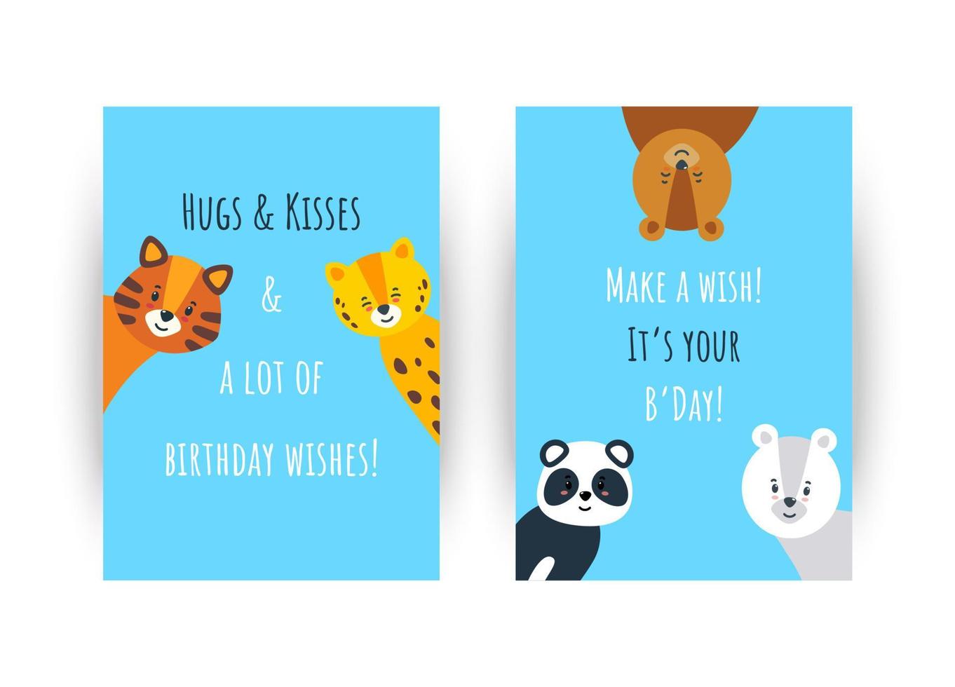 Greeting birthday cards with cute animals. Vector illustration