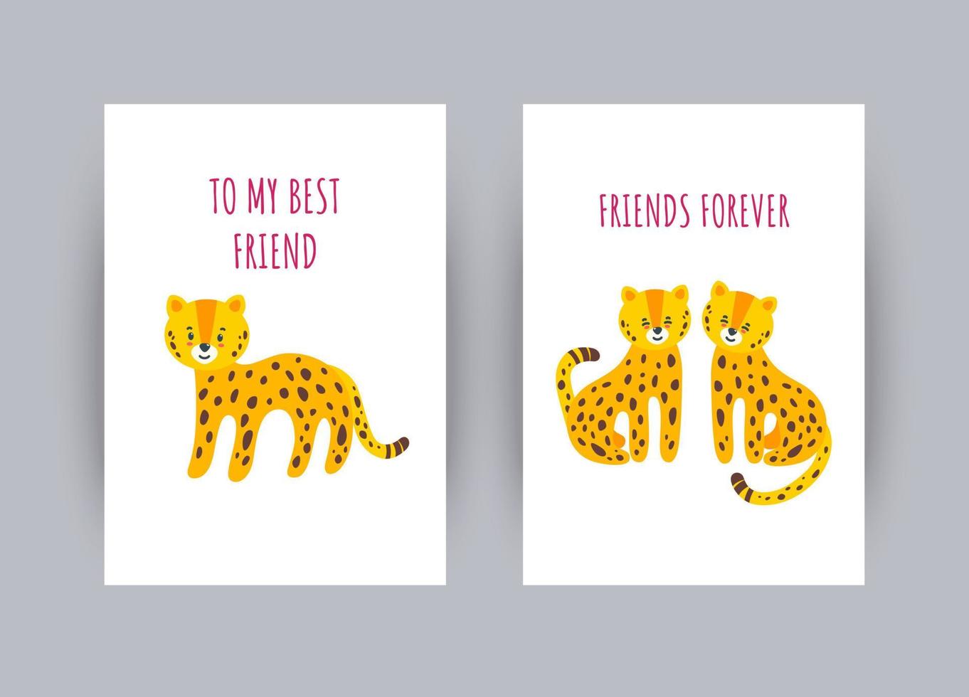 Greeting card with leopards. Cards about friendship with cute leopard character. Vector illustration