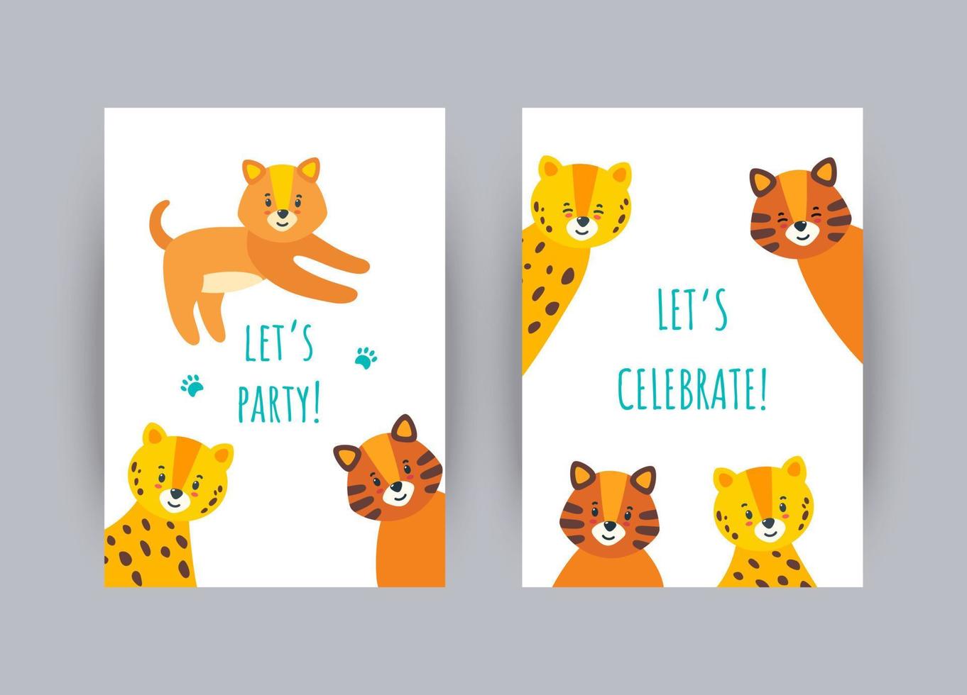 Greeting cards with cute animals. Vector illustration in flat style
