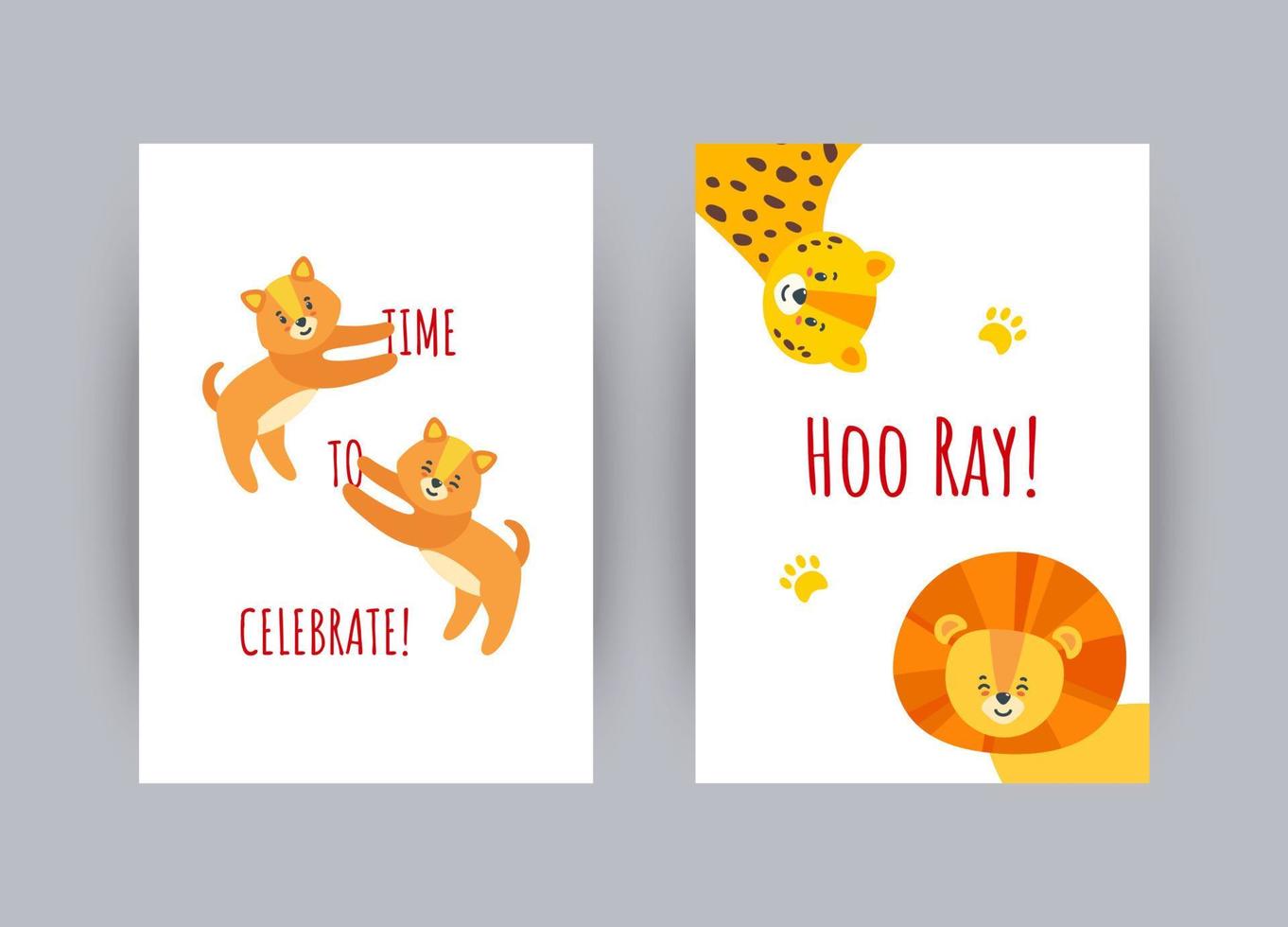 tarjetas de felicitación con animales. coloridas tarjetas de celebración con cachorros, leopardo y león. ilustración vectorial vector