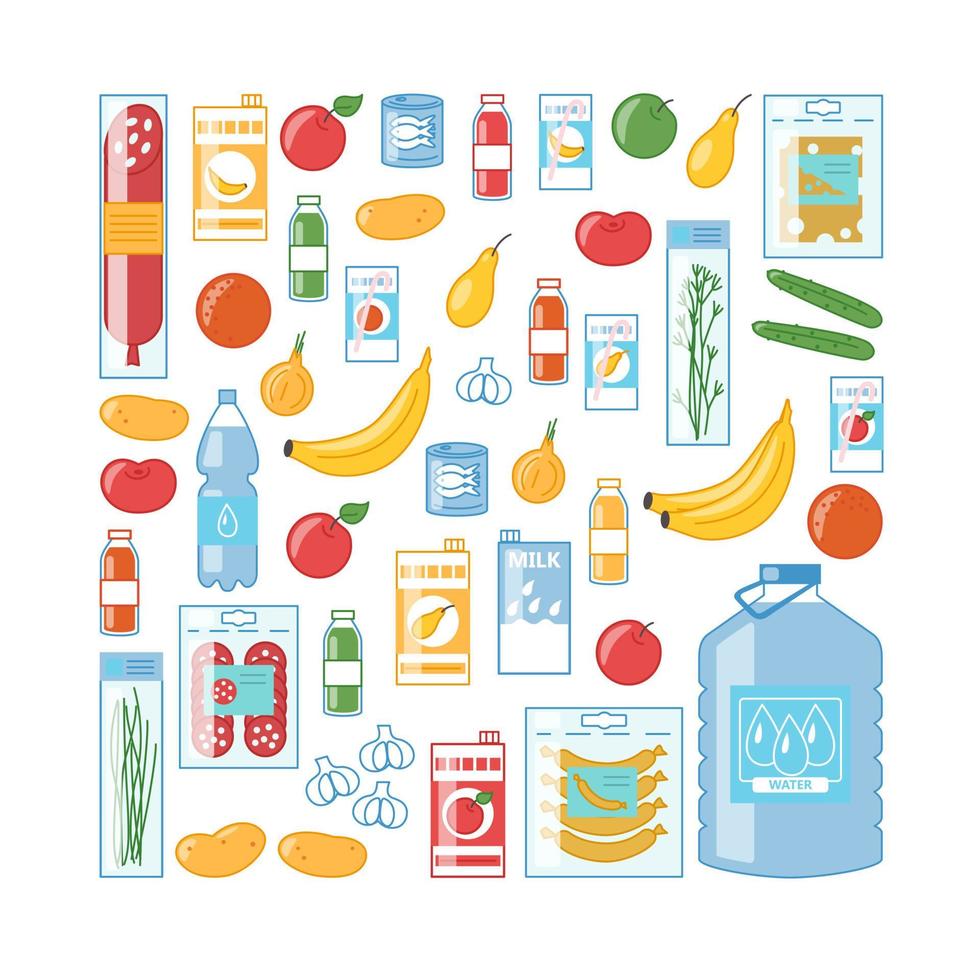 Variety of food products. Fruits, vegetables, juice, water, cheese and sausages. Big grocery set. Package of vector illustrations in cartoon style
