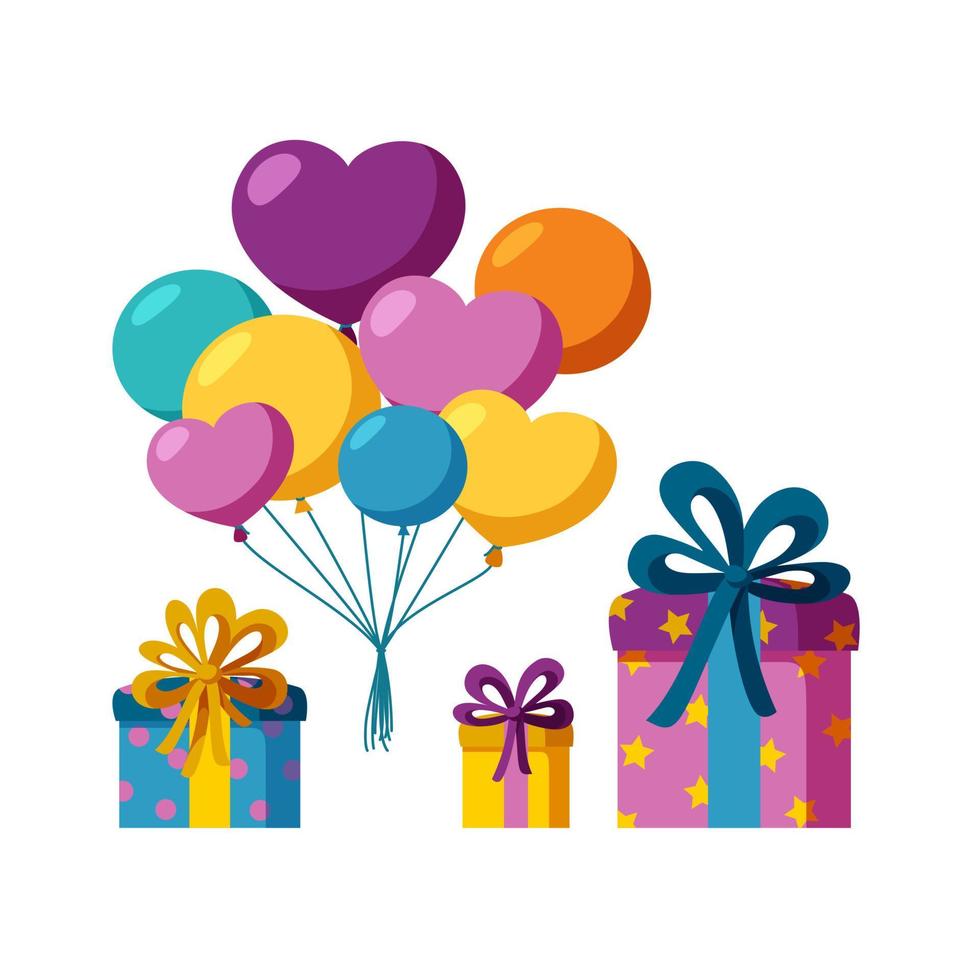 Bunch of balloons and set of presents. Flying balloons and colorful presents for a party or celebration. Vector illustration