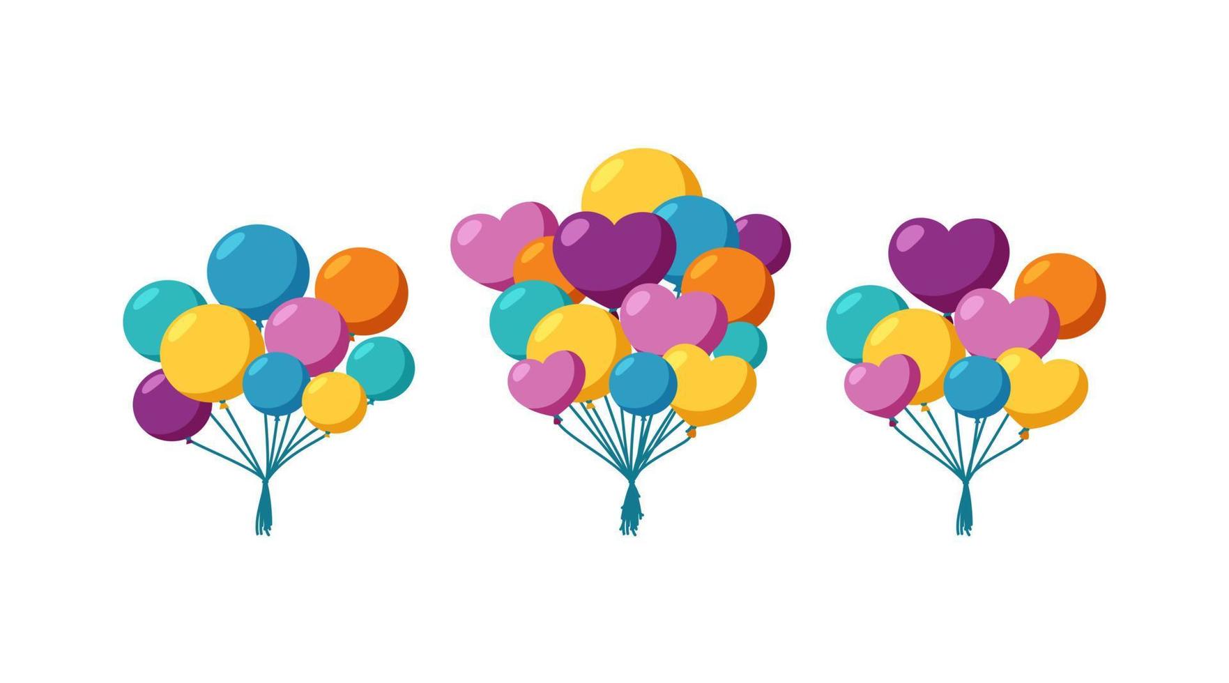 globos para unas vacaciones. conjunto de racimos de globos de helio. ilustración vectorial en estilo de dibujos animados vector