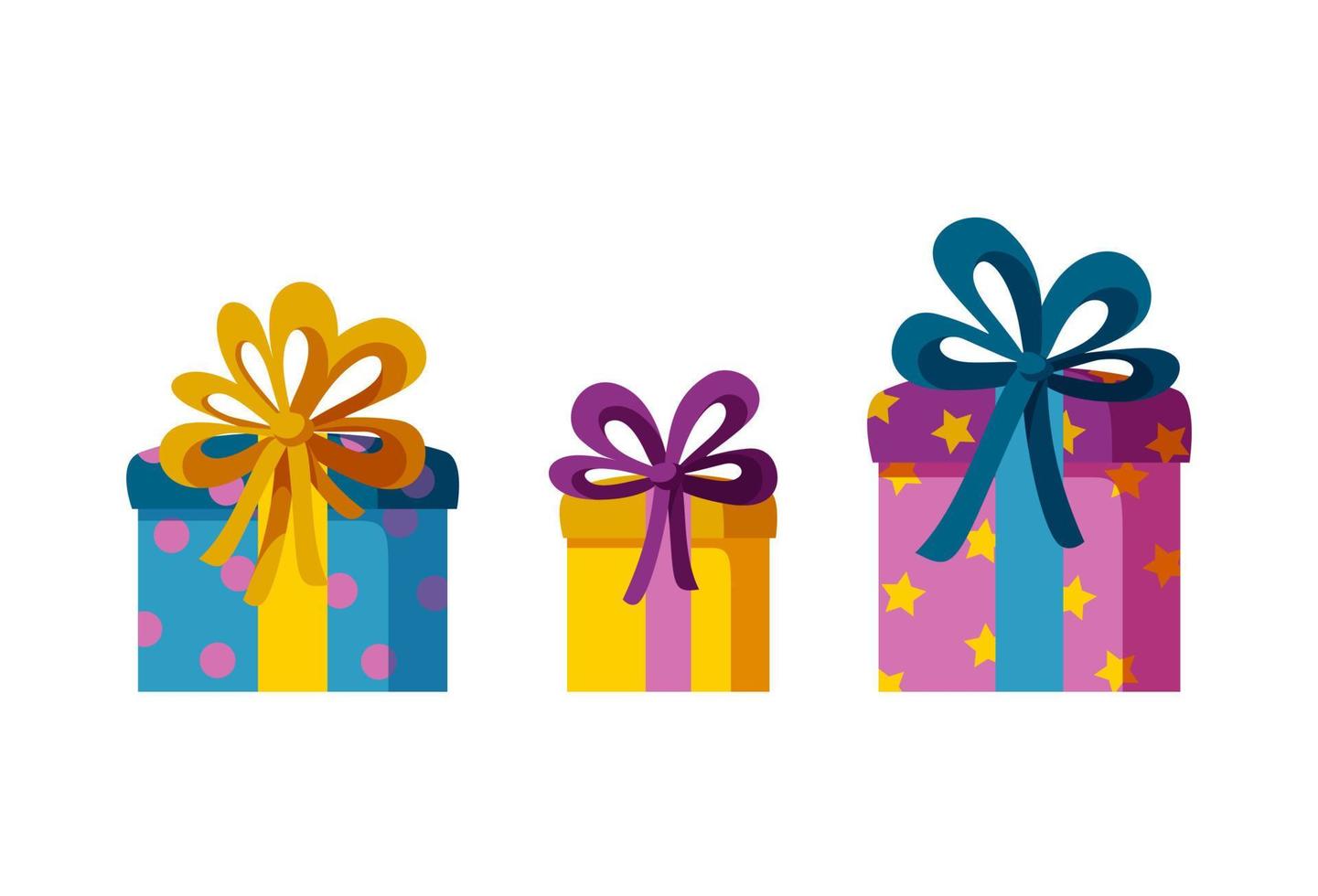 Presents with bows. Three present boxes. Vector illustration