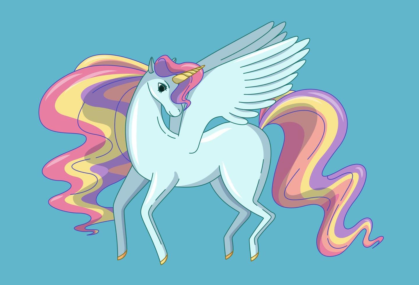 unicornio alado con melena y cola ondulantes. ilustración vectorial en estilo de dibujos animados vector