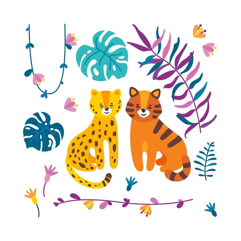 Leopard and tiger sitting together. Exotic floral ornament. Vector illustration