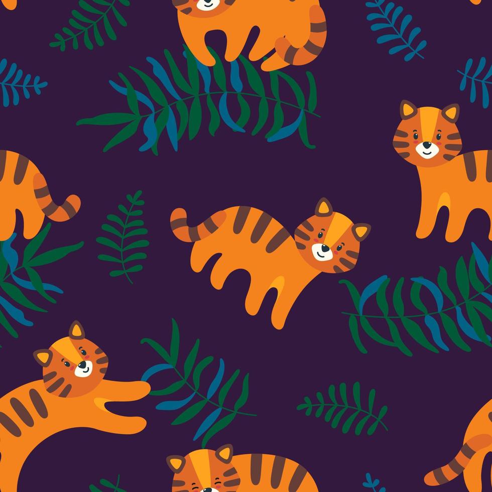 Jungle seamless pattern with tigers and leaves. Tropical vector illustration in flat style