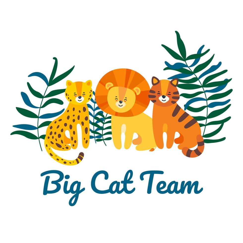equipo de grandes felinos con leopardo, león y tigre. ilustración vectorial aislada en estilo plano vector