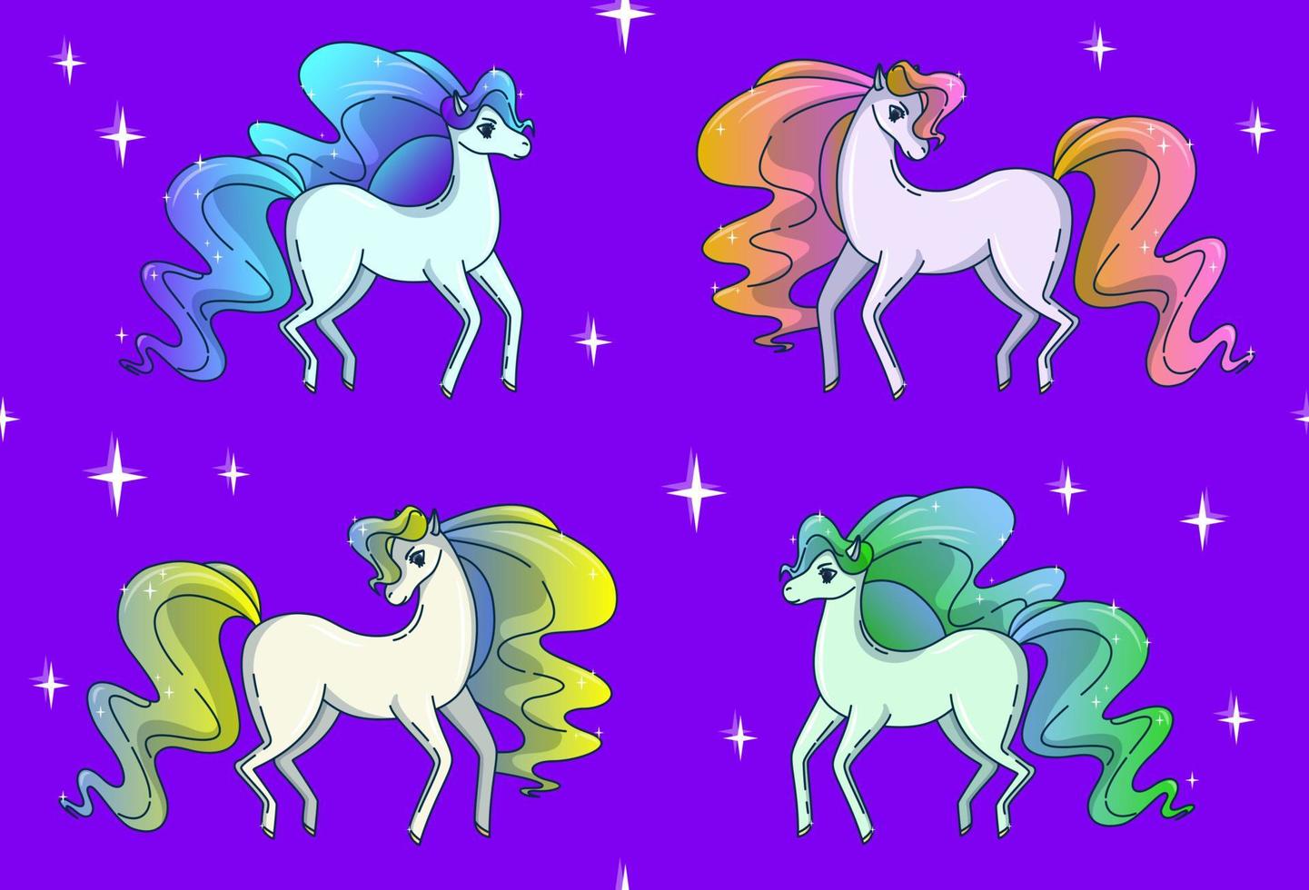 Horse pattern. Fairy horses shining like a brilliant on violet background. Pattern for textile, fabric and paper. Vector illustration in cute cartoon style