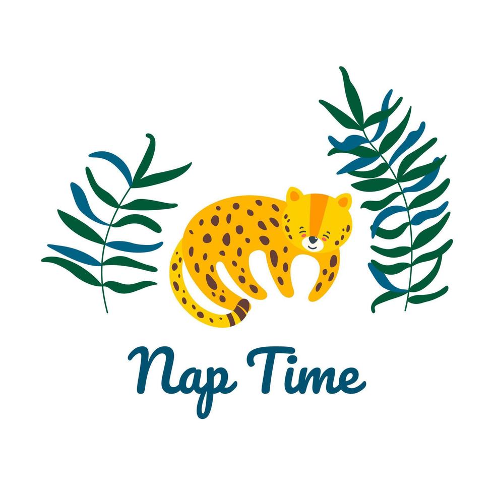 Leopard sleeping in the jungle. Isolated vector illustration in flat style