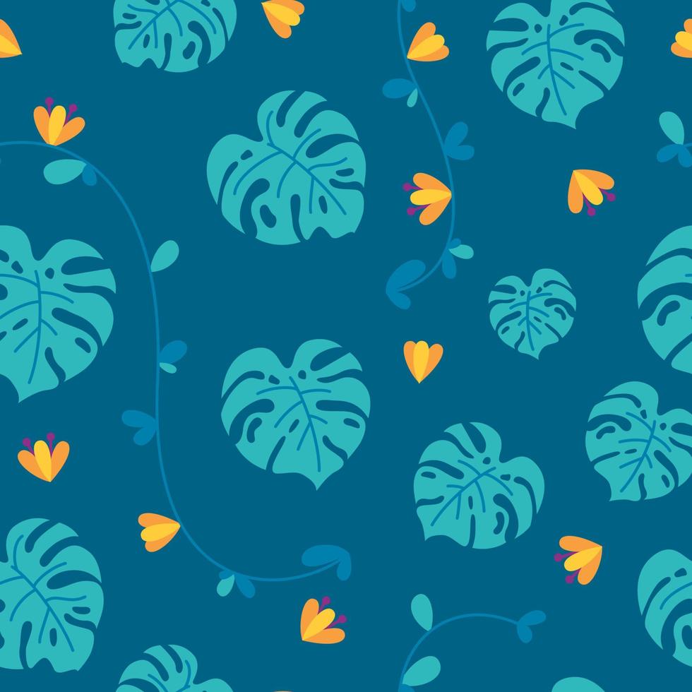 Jungle seamless pattern with flowers, monstera leaves and lianas. Tropical plants in repeatable ornament. Vector illustration