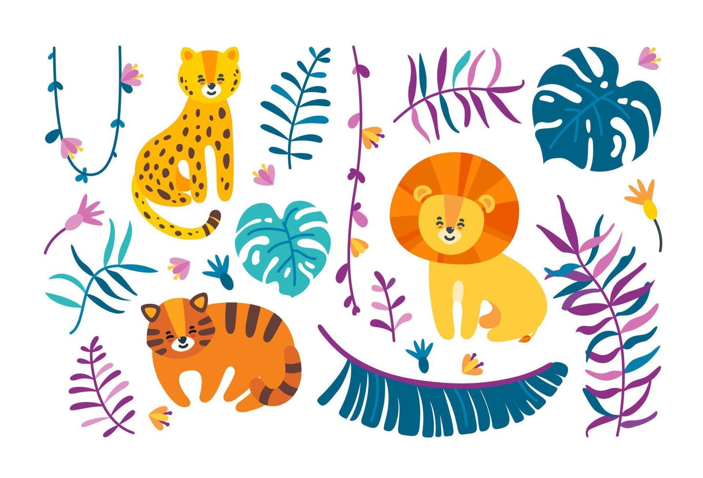 Big cats with jungle leaves and lianas. Leopard, lion and tiger with different plants. Vector illustration