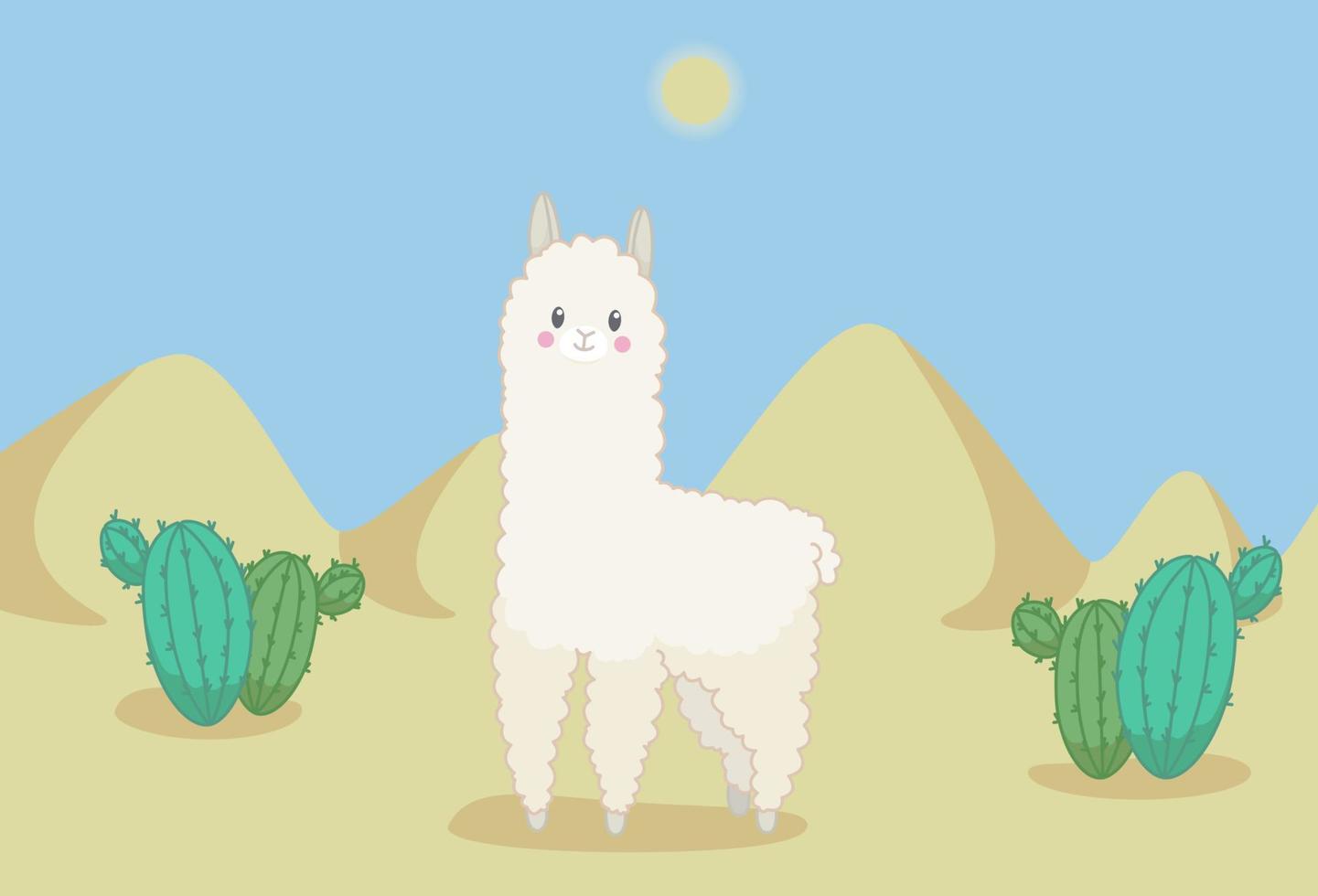 lama esponjoso en el desierto con cactus y dunas de arena bajo el sol del mediodía. ilustración vectorial en estilo de dibujos animados lindo vector