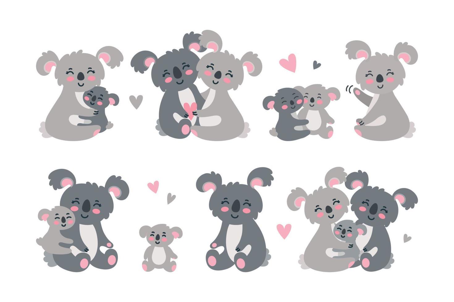 Koala family set. Hugging and loving koala parents with babies. Vector illustration