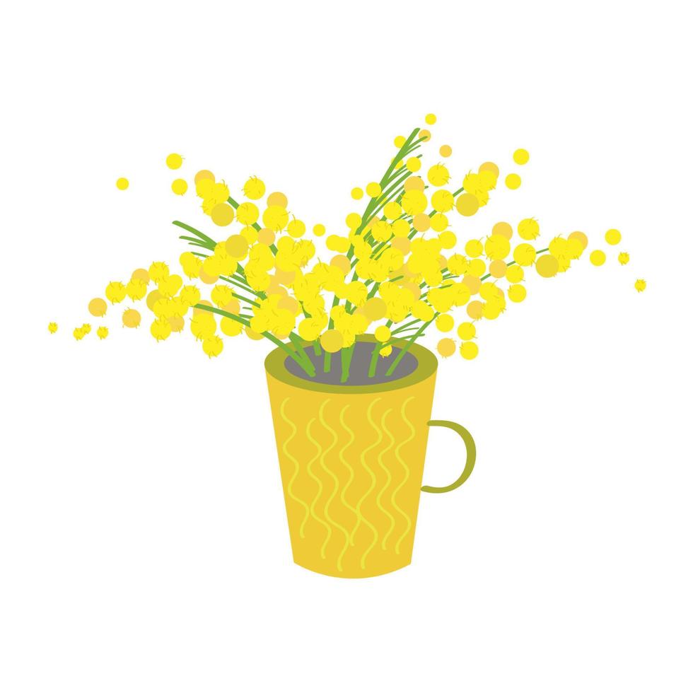 Nice yellow mug with a bouquet of yellow mimosa flowers. Flat illustration on isolated background.Vector vector