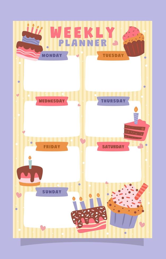 Weekly Schedule Template With Cute Cake Doodle Element vector