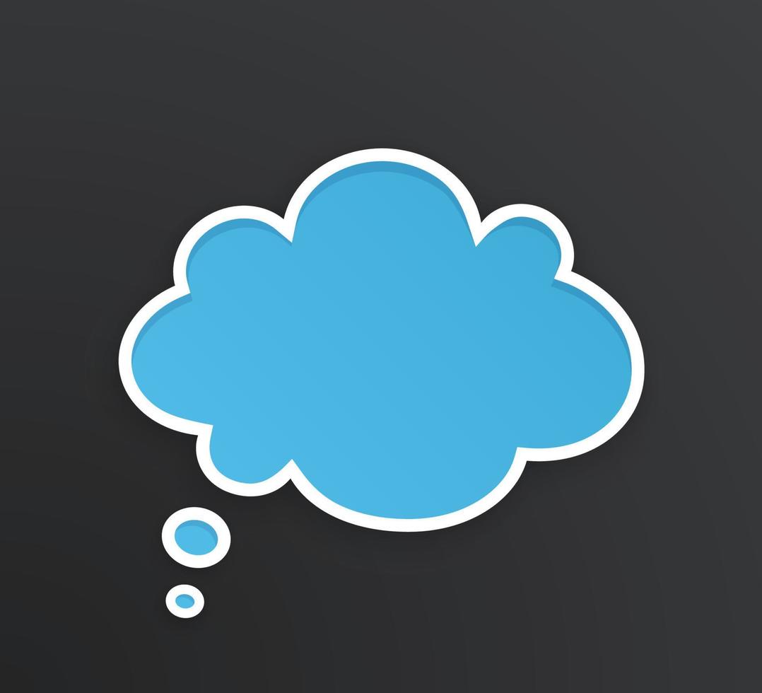 Blue comic speech bubble for thoughts at cloud shape with white contour. Empty shape in flat style for chat dialogs. Isolated on black background vector