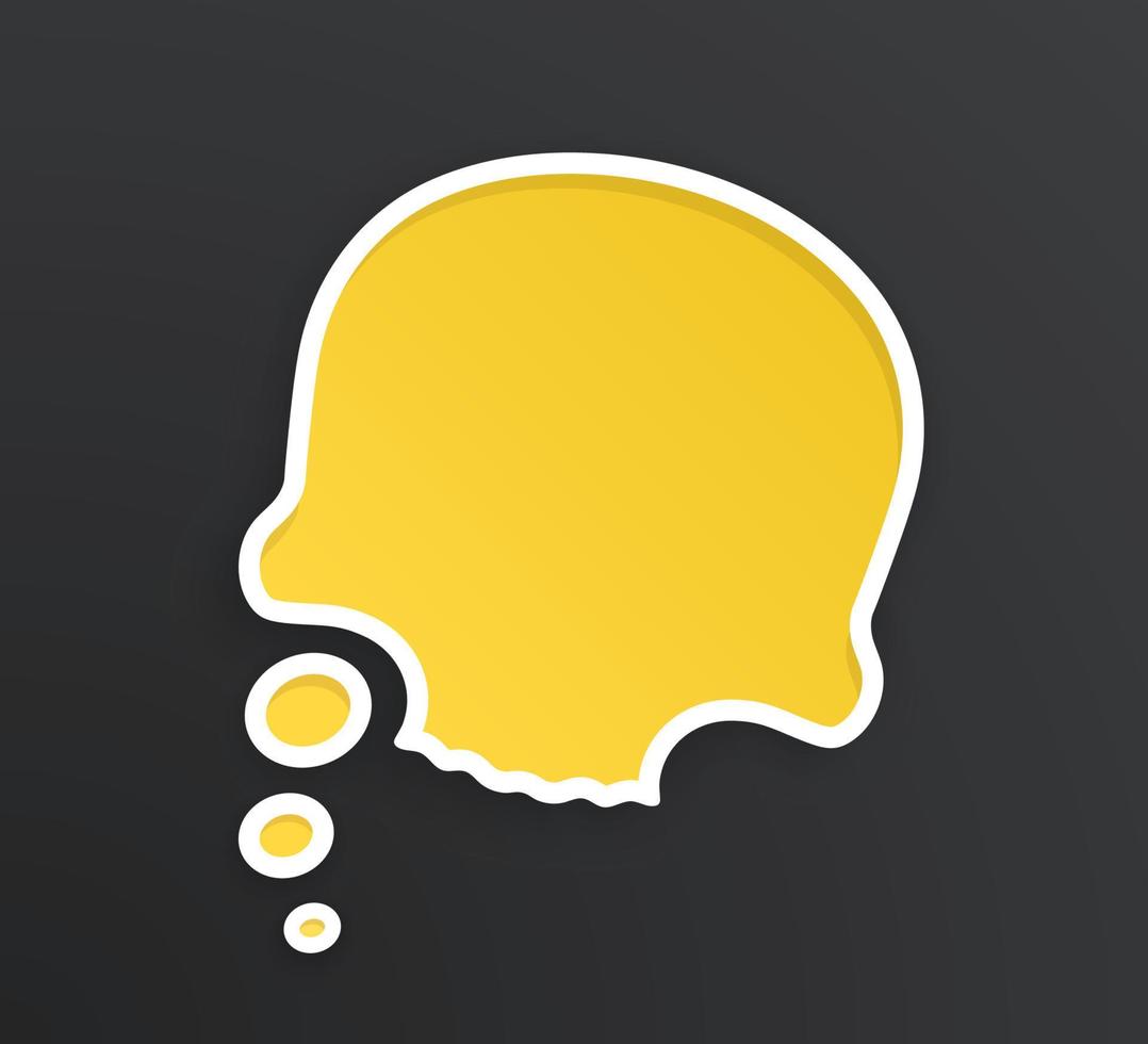 Yellow comic speech bubble for thoughts at skull shape with white contour. Empty shape in flat style for chat dialogs. Isolated on black background vector