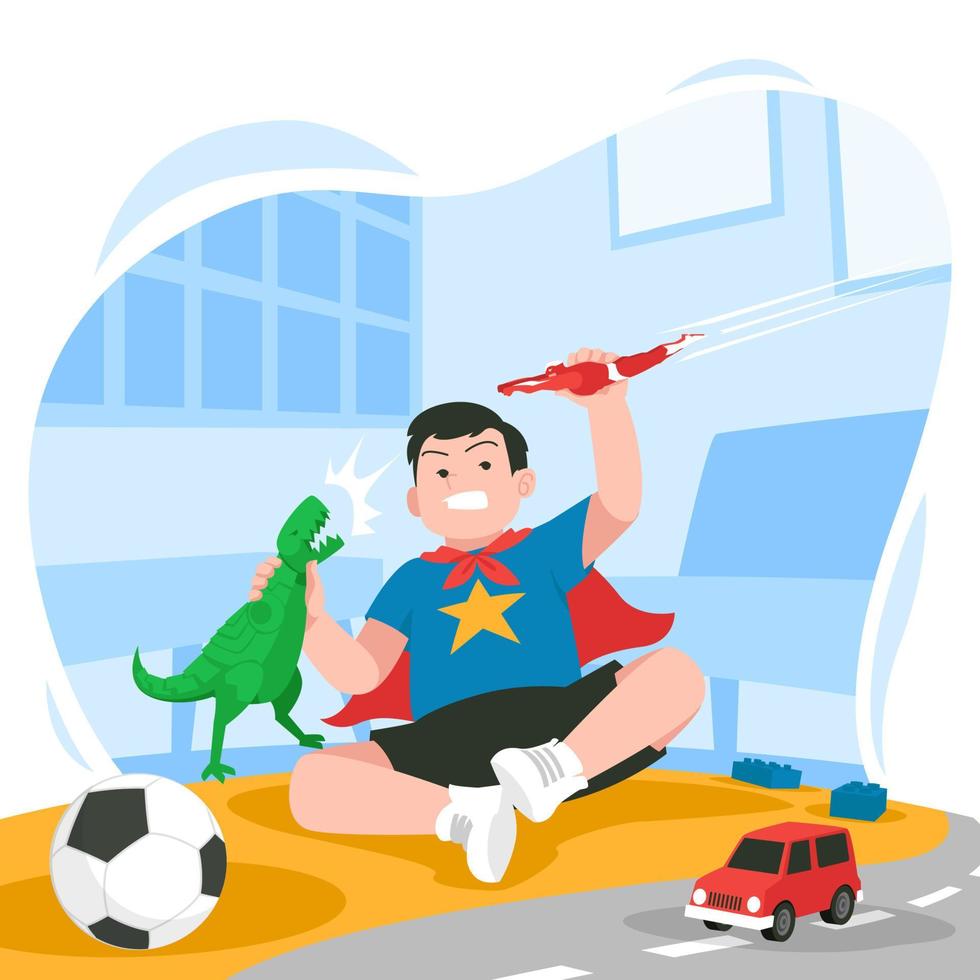 Little Boy Playing his Toys with Awesome Imaginations vector