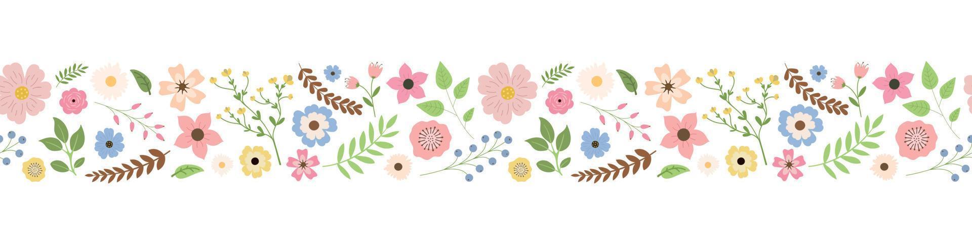 vector flores de primavera, hojas y bayas patrón de borde sin costuras. aislado sobre fondo blanco. flores de jardín multicolores en fila. diseño para pegatinas, etiquetas y pancartas