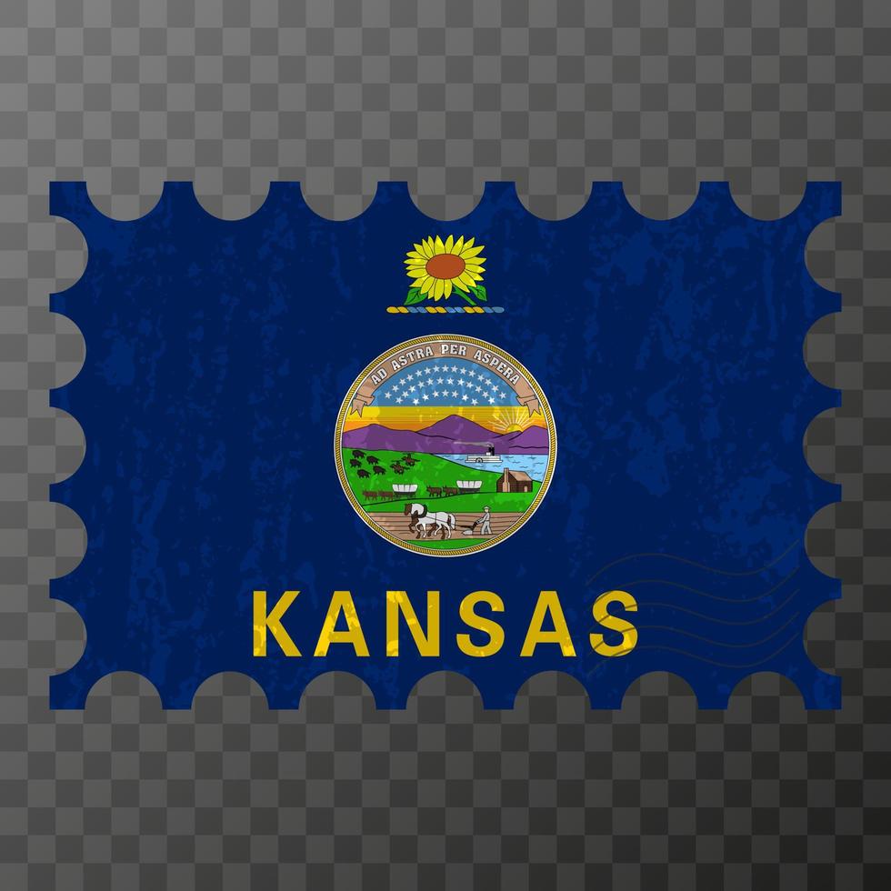 Postage stamp with Kansas state grunge flag. Vector illustration.