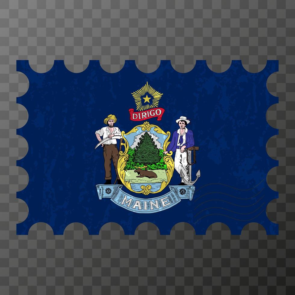 Postage stamp with Maine state grunge flag. Vector illustration.