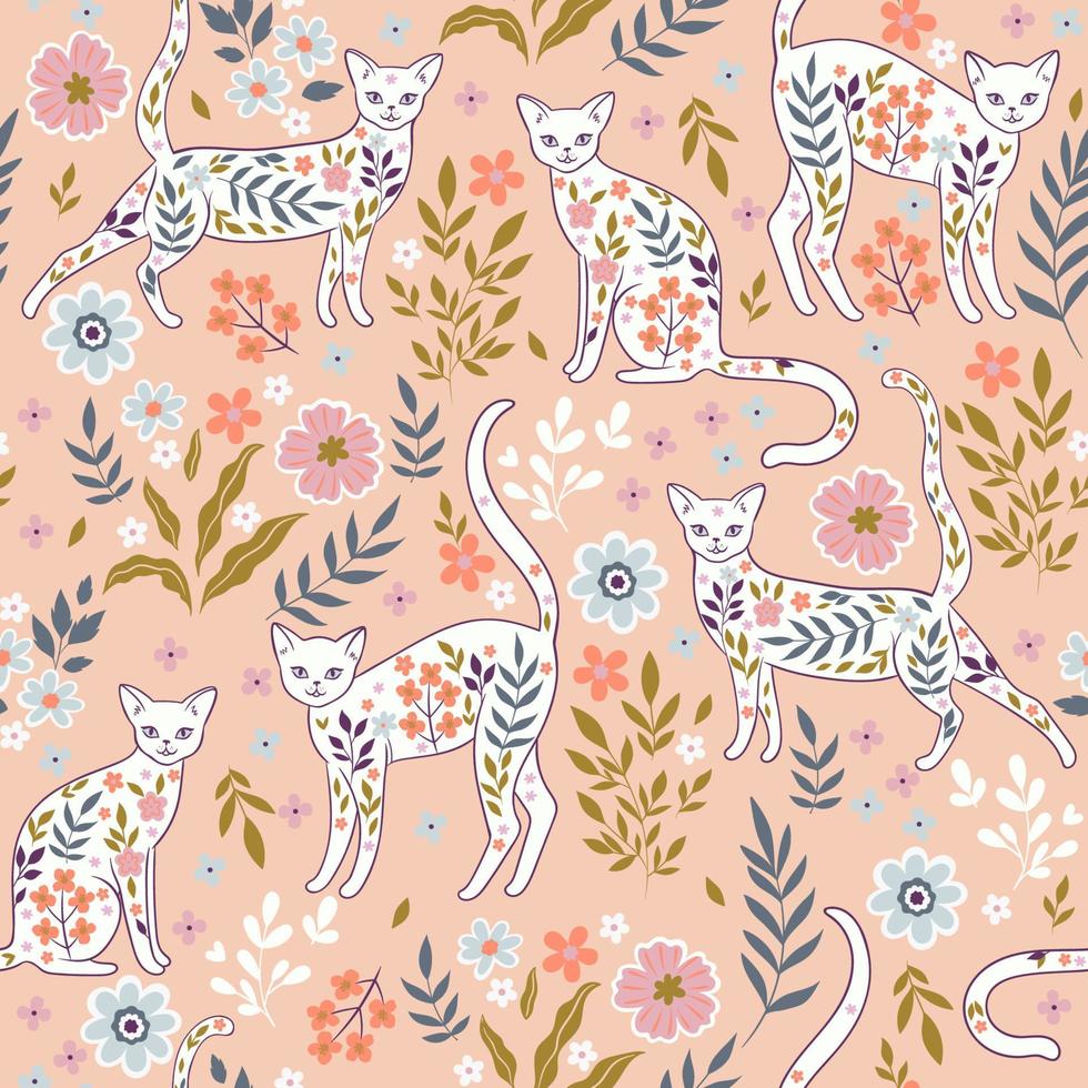 Seamless light pattern with elegant cats and flowers. Vector graphics.