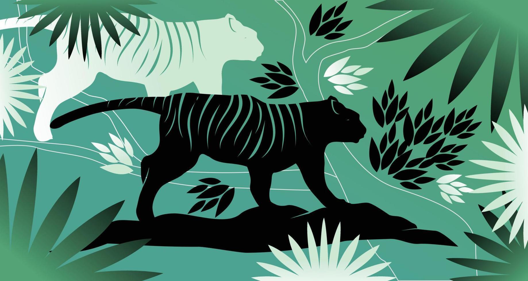 Tiger and leaf background design vector with green color concept