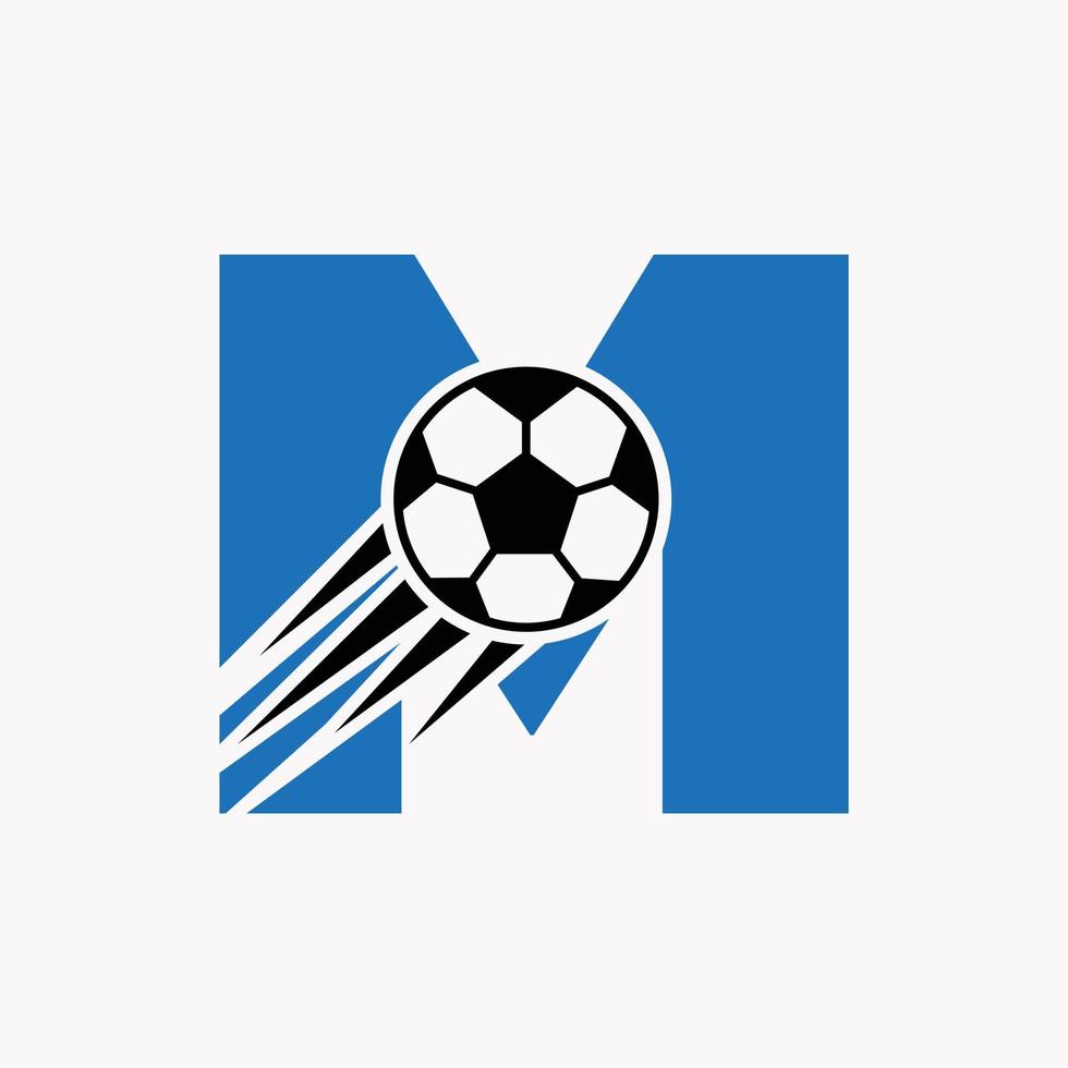 letra inicial m concepto de logotipo de fútbol con icono de fútbol en movimiento. símbolo de logotipo de fútbol vector