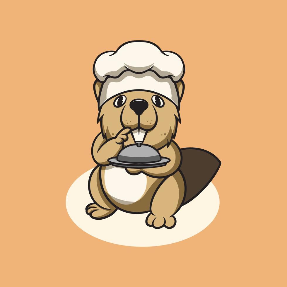 Cute otter cooking chocolate cake cartoon illustration vector