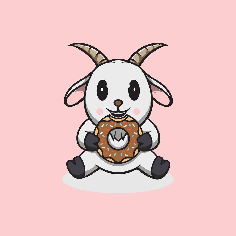 Cute goat eating donut cartoon illustration vector