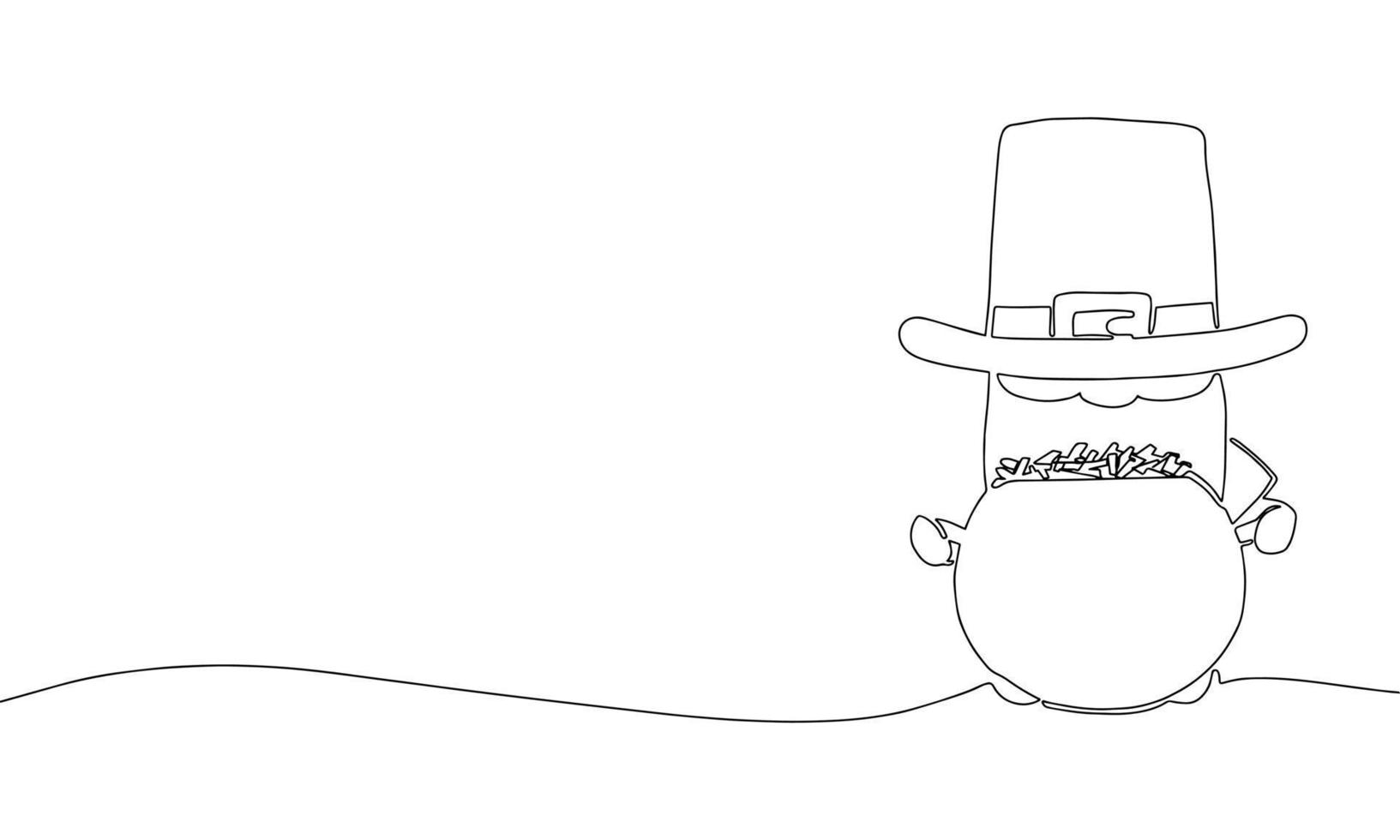 St Patrick's Day banner. Leprechaun in line art one continues illustration. Hand draw leprechaun with cauldron with coins. Vector. vector