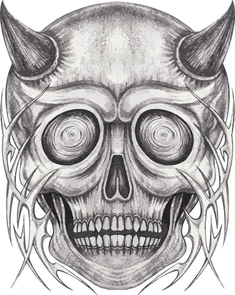 Art surreal devil skull tattoo. Hand drawing and make graphic vector. vector