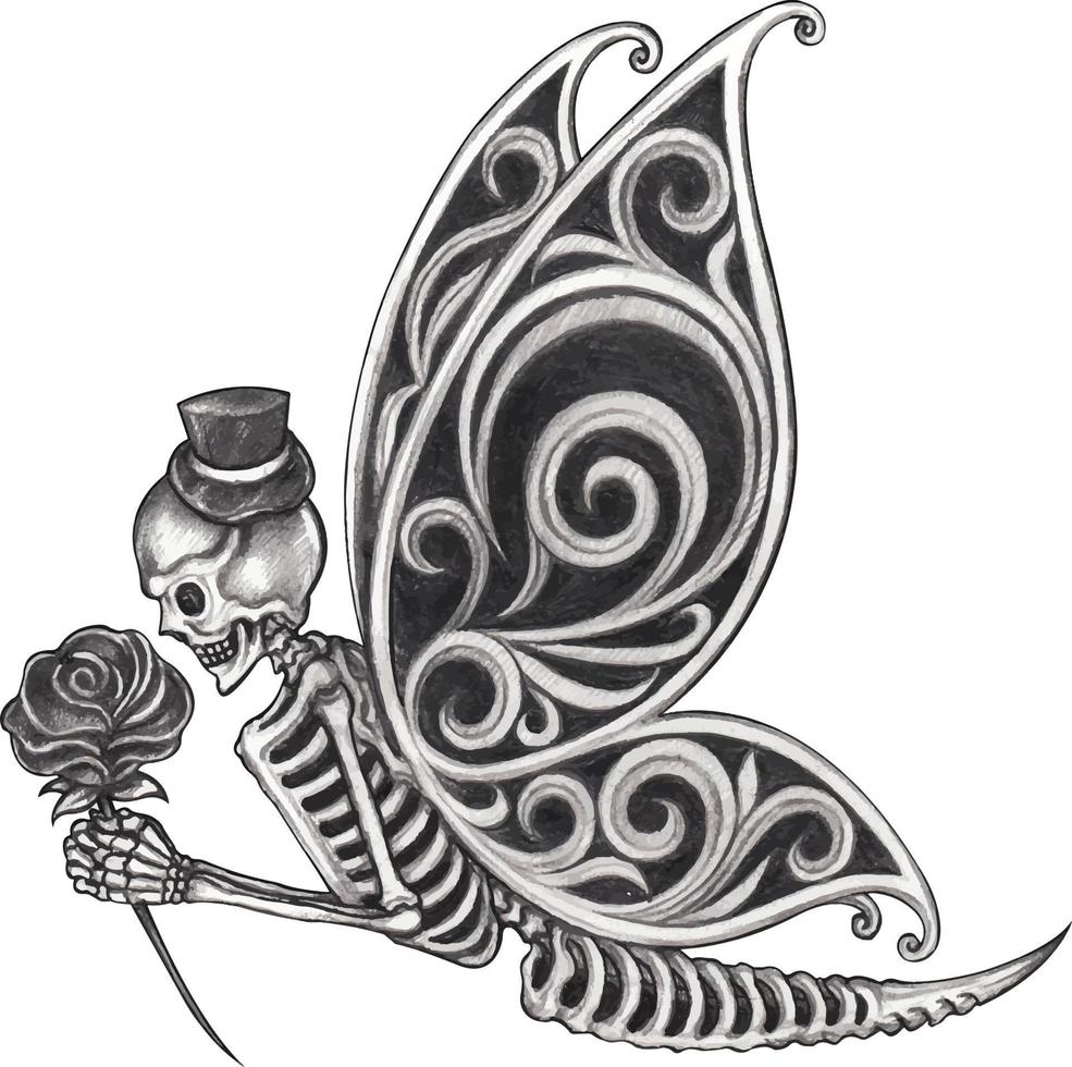 Art fantasy surreal butterfly skull. Hand drawing and make graphic vector. vector