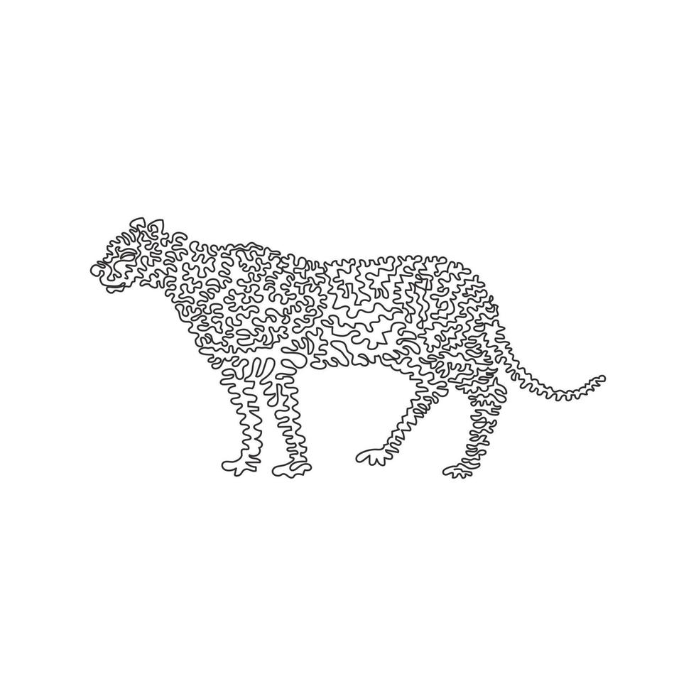 Continuous one curve line drawing of predatory cheetah abstract art in circle. Single line editable stroke vector illustration of ferocious cheetah for logo, wall decor, poster print decoration
