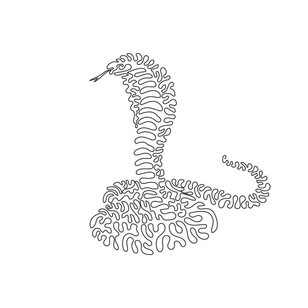 Single curly one line drawing of king cobra abstract art. Continuous line drawing graphic design vector illustration of cobra expands the neck ribs to form a hood for icon, symbol, logo, boho poster