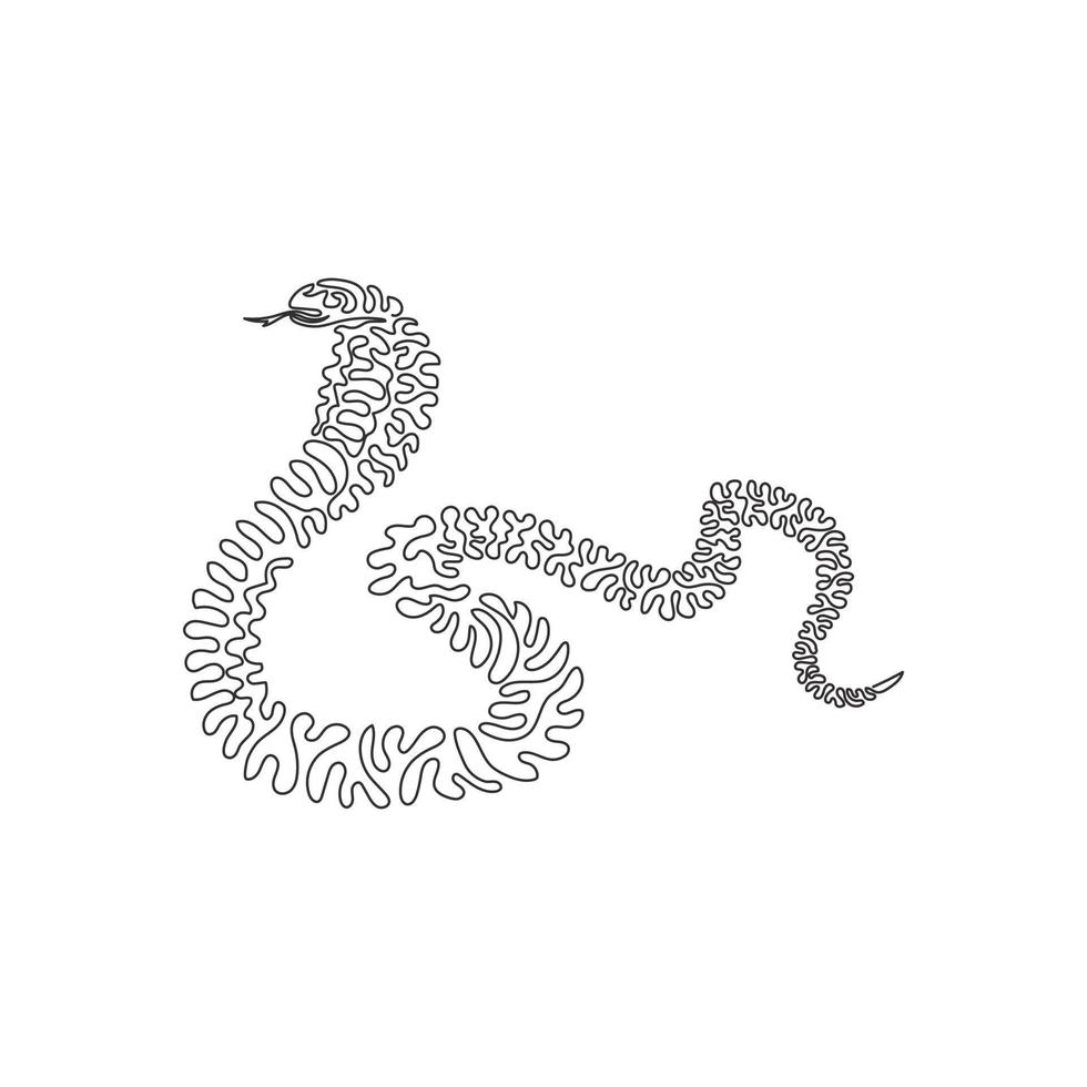 Single one curly line drawing abstract art. Cobra expands the neck ribs to form a hood. Continuous line drawing graphic design vector illustration of a venomous snake for icon, symbol, boho poster