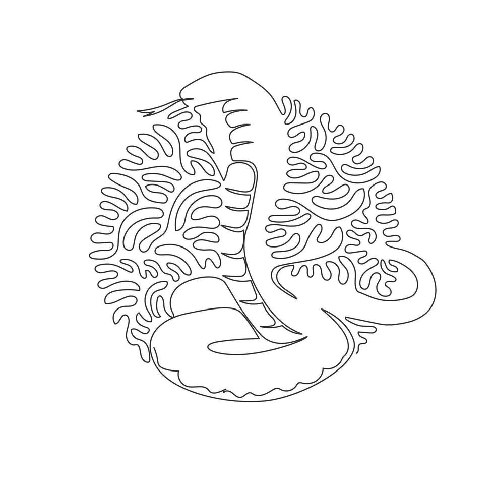 Continuous curve one line drawing of standing cobra abstract art in circle. Single line editable stroke vector illustration of king cobra most venomous snakes for logo, wall decor, boho print art