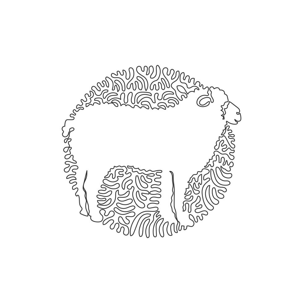 Continuous one curve line drawing of funny sheep abstract art in circle. Single line editable stroke vector illustration of adorable sheep for logo, wall decor and poster print decoration