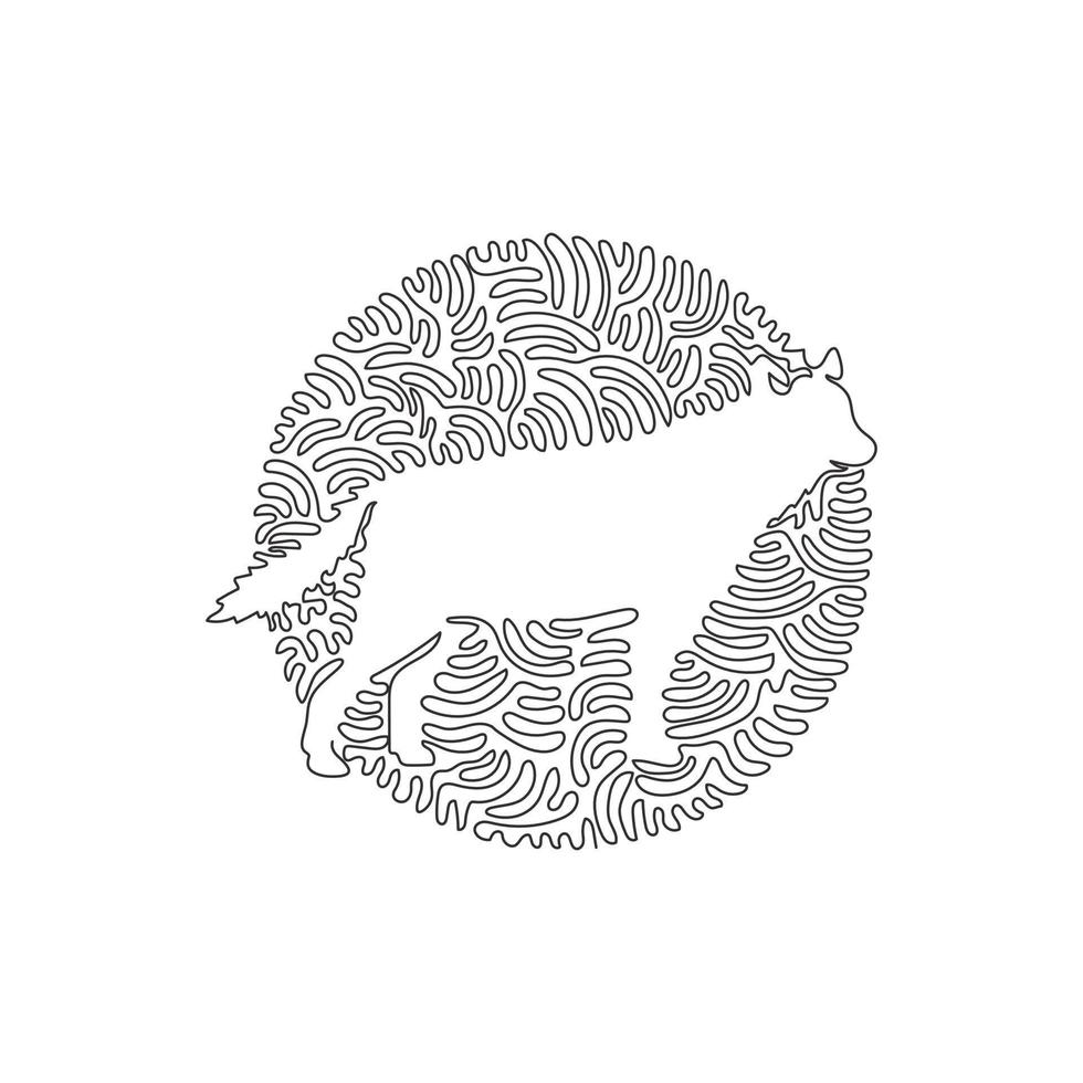 Continuous one curve line drawing of wild wolf abstract art in circle. Single line editable stroke vector illustration of ferocious wolf for logo, wall decor, boho poster