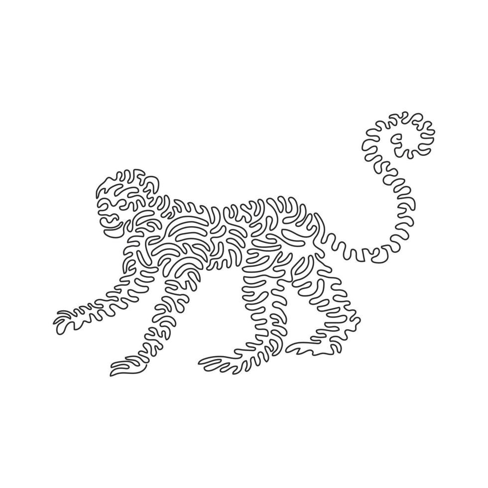 Continuous one curve line drawing of cute monkey abstract art in circle. Single line editable stroke vector illustration of cute animal for logo, wall decor and poster print decoration