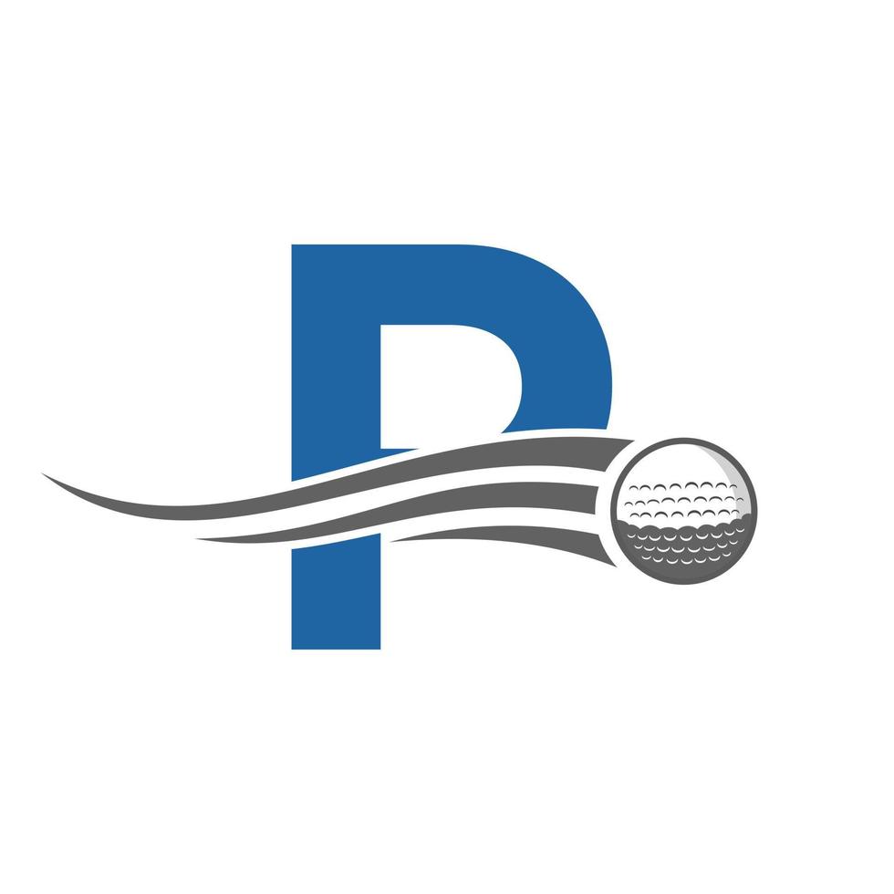 concepto de logotipo de golf de letra p con icono de pelota de golf en movimiento. plantilla de vector de símbolo de logotipo de deportes de hockey